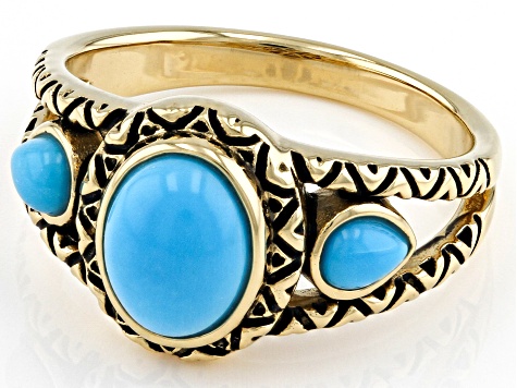 Pre-Owned Sleeping Beauty Turquoise 18k Yellow Gold Over Silver 3-Stone Ring