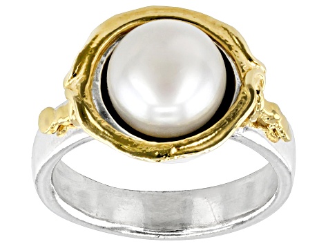 Pre-Owned 9.5-10mm Cultured Freshwater Pearl Two Tone Sterling Silver & 14K Yellow Gold Over Silver