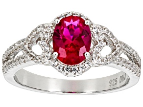 Pre-Owned Red Lab Created Ruby with Lab Created White Sapphire Rhodium Over Sterling Silver Ring 1.6