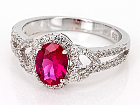 Pre-Owned Red Lab Created Ruby with Lab Created White Sapphire Rhodium Over Sterling Silver Ring 1.6