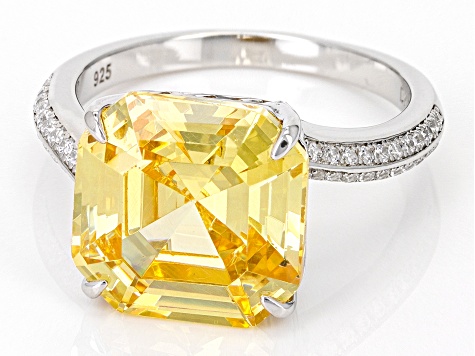 Pre-Owned Yellow And White Cubic Zirconia Platinum Over Sterling Silver Asscher Cut Ring 13.80ctw