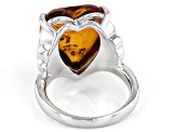 Pre-Owned Heart-Shaped Cabochon Amber Rhodium Over Sterling Silver Solitaire Ring