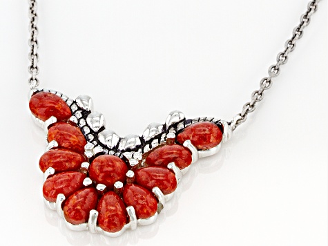 Pre-Owned Red Sponge Coral Rhodium Over Sterling Silver Necklace