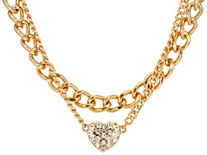 Pre-Owned White Glass Crystal Gold Tone Dual Chain Heart Necklace