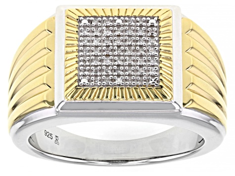 Pre-Owned White Diamond Rhodium & 14k Yellow Gold Over Sterling Silver Mens Cluster Ring 0.10ctw