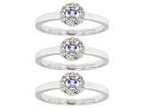 Pre-Owned Blue Tanzanite Rhodium Over Sterling Silver Ring Set of 3 0.60ctw