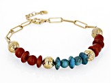 Pre-Owned Blue Turquoise & Red Coral 18k Yellow Gold Over Silver Paperclip Bracelet