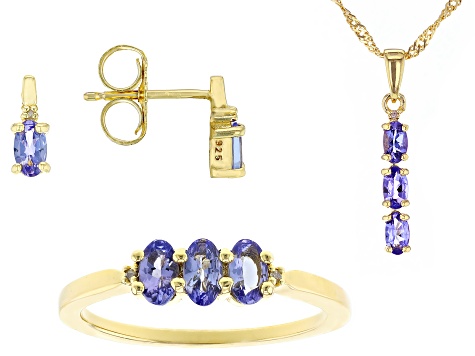 Pre-Owned Blue Tanzanite 18k Yellow Gold Over Sterling Silver Ring, Earrings & Pendant with Chain Se