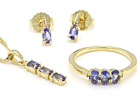 Pre-Owned Blue Tanzanite 18k Yellow Gold Over Sterling Silver Ring, Earrings & Pendant with Chain Se