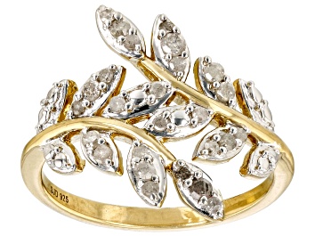 Picture of Pre-Owned White Diamond 14k Yellow Gold Over Sterling Silver Bypass Leaf Ring 0.35ctw