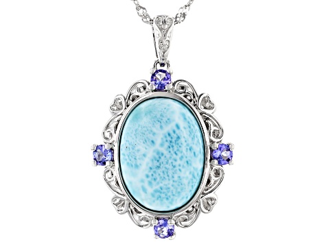 Pre-Owned Blue Larimar Rhodium Over Sterling Silver Pendant with Chain 0.41ctw