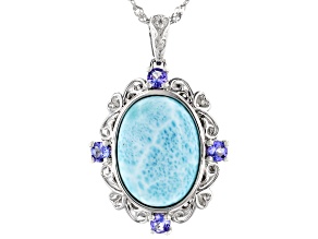 Pre-Owned Blue Larimar Rhodium Over Sterling Silver Pendant with Chain 0.41ctw