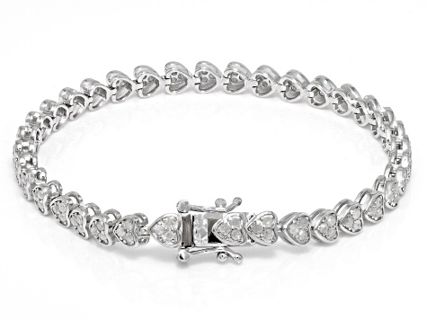 Pre-Owned White Diamond Rhodium Over Sterling Silver Heart Tennis Bracelet 2.00ctw