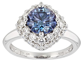 Pre-Owned Blue and Colorless Moissanite Platineve Halo Ring 3.02ctw DEW.