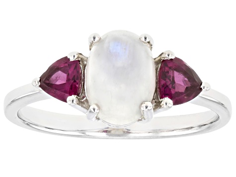 Pre-Owned White Rainbow Moonstone With Raspberry Color Rhodolite Rhodium Over Sterling Silver Ring .