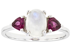 Pre-Owned White Rainbow Moonstone With Raspberry Color Rhodolite Rhodium Over Sterling Silver Ring .