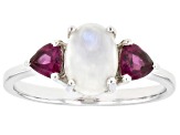 Pre-Owned White Rainbow Moonstone With Raspberry Color Rhodolite Rhodium Over Sterling Silver Ring .