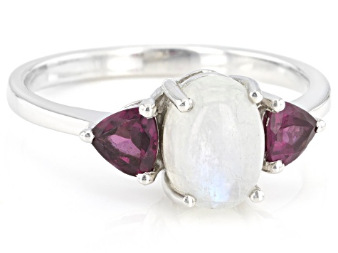 Pre-Owned White Rainbow Moonstone With Raspberry Color Rhodolite Rhodium Over Sterling Silver Ring .