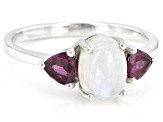 Pre-Owned White Rainbow Moonstone With Raspberry Color Rhodolite Rhodium Over Sterling Silver Ring .