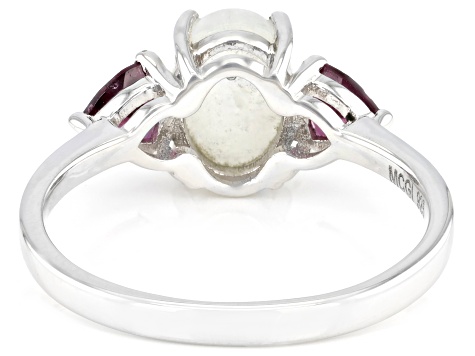 Pre-Owned White Rainbow Moonstone With Raspberry Color Rhodolite Rhodium Over Sterling Silver Ring .