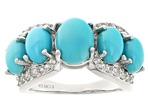 Pre-Owned Sleeping Beauty Turquoise With White Zircon Rhodium Over Sterling Silver Ring 0.50ctw