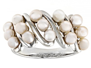 Pre-Owned White Cultured Freshwater Pearl Rhodium Over Sterling Silver Ring
