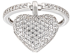 Pre-Owned White Zircon Rhodium Over Sterling Silver Heart Dangle Ring 1.70ctw