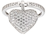 Pre-Owned White Zircon Rhodium Over Sterling Silver Heart Dangle Ring 1.70ctw