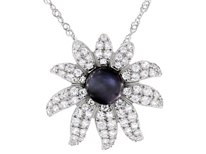 Pre-Owned Black Cultured Freshwater Pearl and White Zircon Rhodium Over Sterling Silver Pendant With