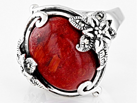 Pre-Owned Red Sponge Coral With Marcasite Sterling Silver Ring