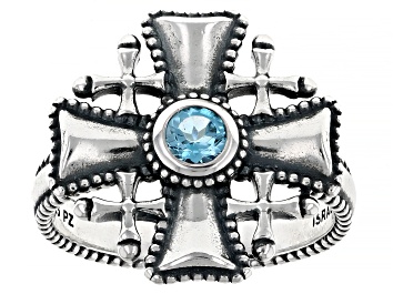 Picture of Pre-Owned Swiss Blue Topaz Sterling Silver Jerusalem Cross Ring 0.30ctw