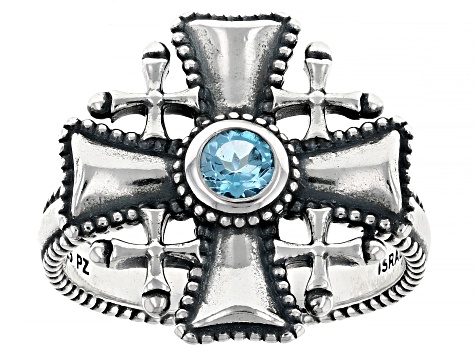 Pre-Owned Swiss Blue Topaz Sterling Silver Jerusalem Cross Ring 0.30ctw