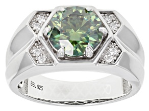 Pre-Owned Green And Colorless Moissanite Platineve Mens Ring 3.26ctw DEW.