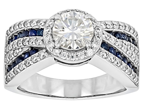 Pre-Owned Moissanite And Blue Sapphire Platineve Crossover Ring 1.66ctw DEW.