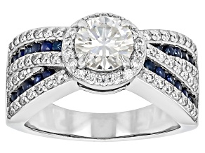 Pre-Owned Moissanite And Blue Sapphire Platineve Crossover Ring 1.66ctw DEW.