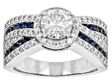 Pre-Owned Moissanite And Blue Sapphire Platineve Crossover Ring 1.66ctw DEW.