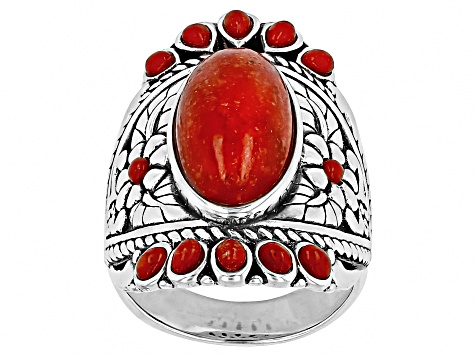 Pre-Owned Red Coral Multi-Stone Sterling Silver Ring