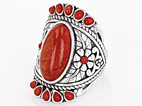 Pre-Owned Red Coral Multi-Stone Sterling Silver Ring