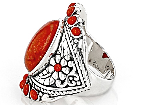 Pre-Owned Red Coral Multi-Stone Sterling Silver Ring