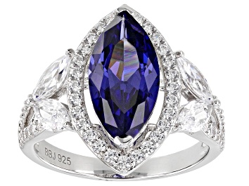Picture of Pre-Owned Blue And White Cubic Zirconia Rhodium Over Sterling Silver Ring 6.39ctw