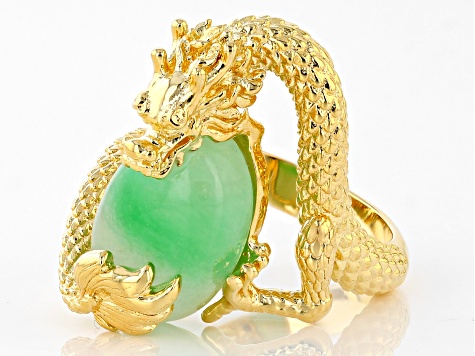 Pre-Owned Green Jadeite 18k Yellow Gold Over Sterling Silver Dragon Ring