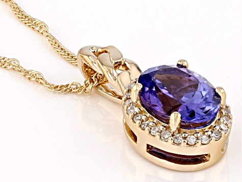 Pre-Owned Blue Tanzanite With White Diamond 14k Yellow Gold Pendant With Chain 1.21ctw