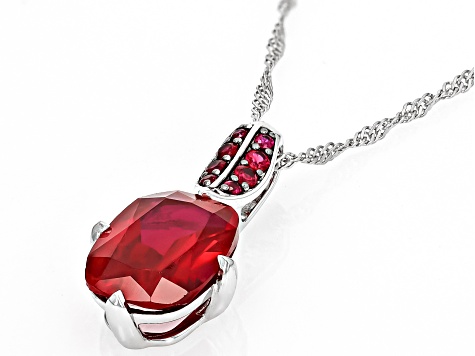 Pre-Owned Red Lab Created Ruby Rhodium Over Sterling Silver Pendant With Chain 6.61ctw