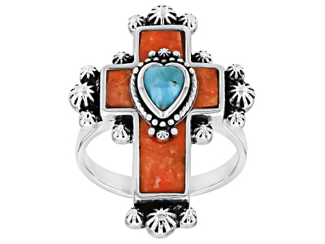 Pre-Owned Sponge Orange Coral With Blue Turquoise Sterling Silver Cross Ring