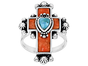 Pre-Owned Sponge Orange Coral With Blue Turquoise Sterling Silver Cross Ring