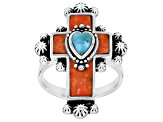 Pre-Owned Sponge Orange Coral With Blue Turquoise Sterling Silver Cross Ring