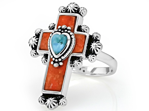 Pre-Owned Sponge Orange Coral With Blue Turquoise Sterling Silver Cross Ring