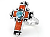 Pre-Owned Sponge Orange Coral With Blue Turquoise Sterling Silver Cross Ring