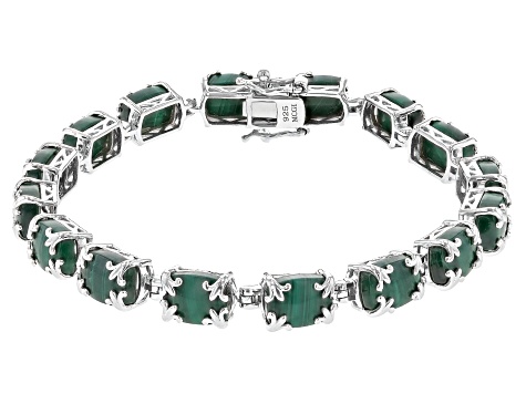 Pre-Owned Green Malachite Rhodium Over Sterling Silver Bracelet