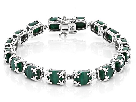 Pre-Owned Green Malachite Rhodium Over Sterling Silver Bracelet